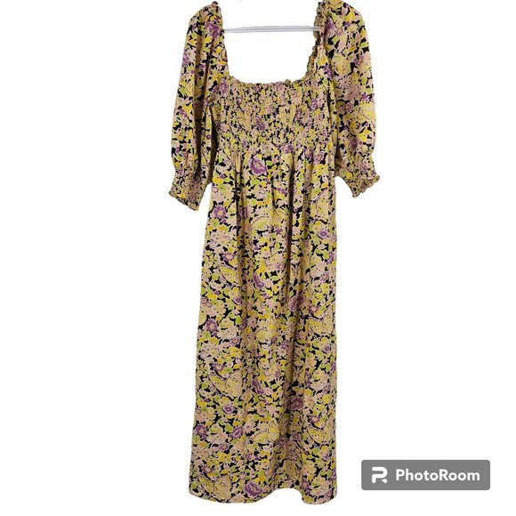 Rixo Dress Mutlticolour Saskia Floral Print Square Neck Smocked Midi Size M - Picture 2 of 9